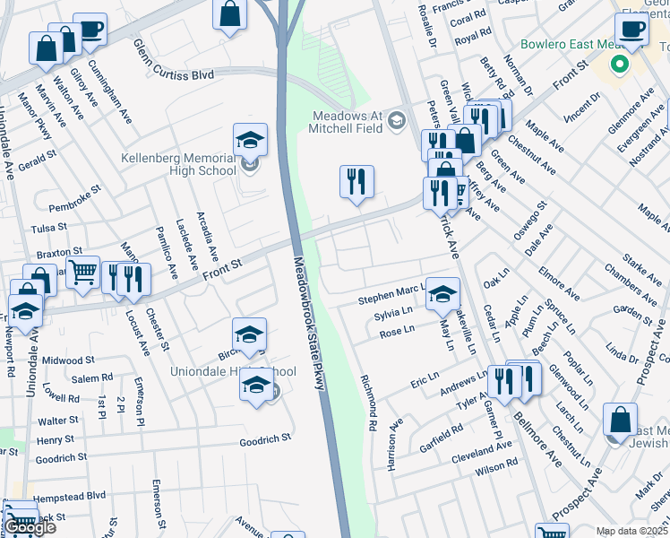 map of restaurants, bars, coffee shops, grocery stores, and more near 50 Mitchell Avenue in East Meadow