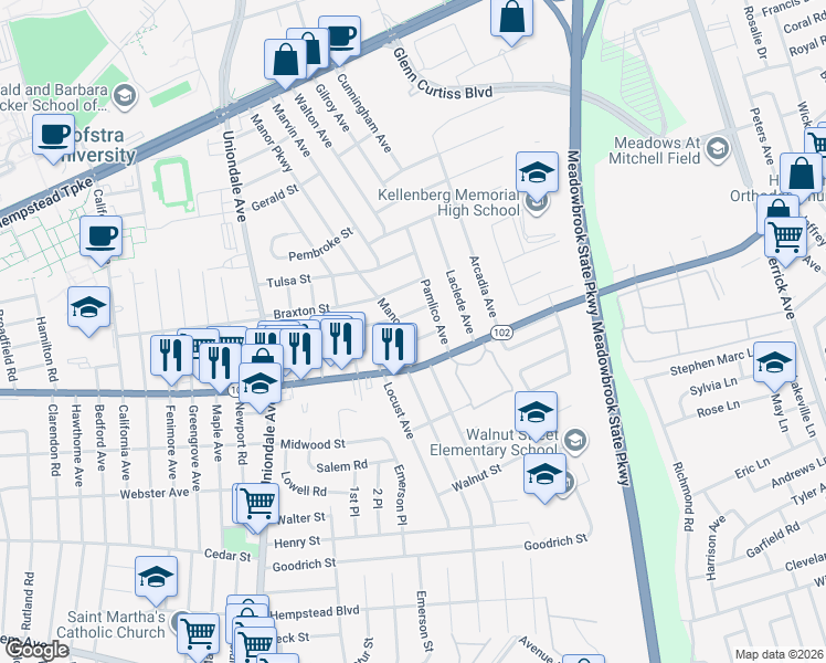 map of restaurants, bars, coffee shops, grocery stores, and more near 1182 Midland Street in Uniondale