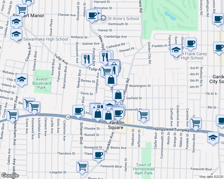 map of restaurants, bars, coffee shops, grocery stores, and more near 149 New Hyde Park Road in Franklin Square