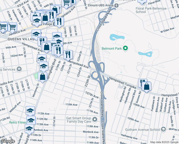 map of restaurants, bars, coffee shops, grocery stores, and more near 223-46 Hempstead Avenue in Queens