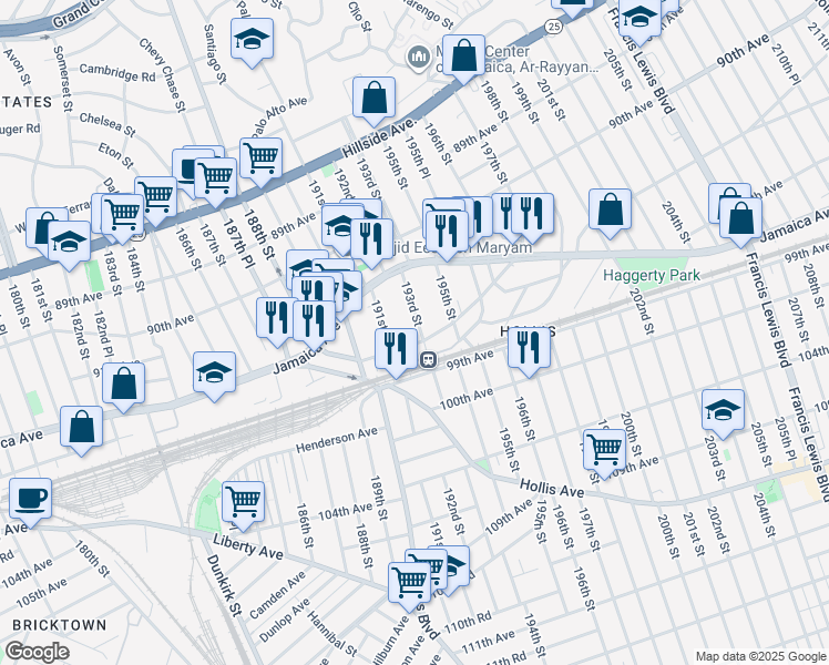 map of restaurants, bars, coffee shops, grocery stores, and more near 91-52 193rd Street in Queens