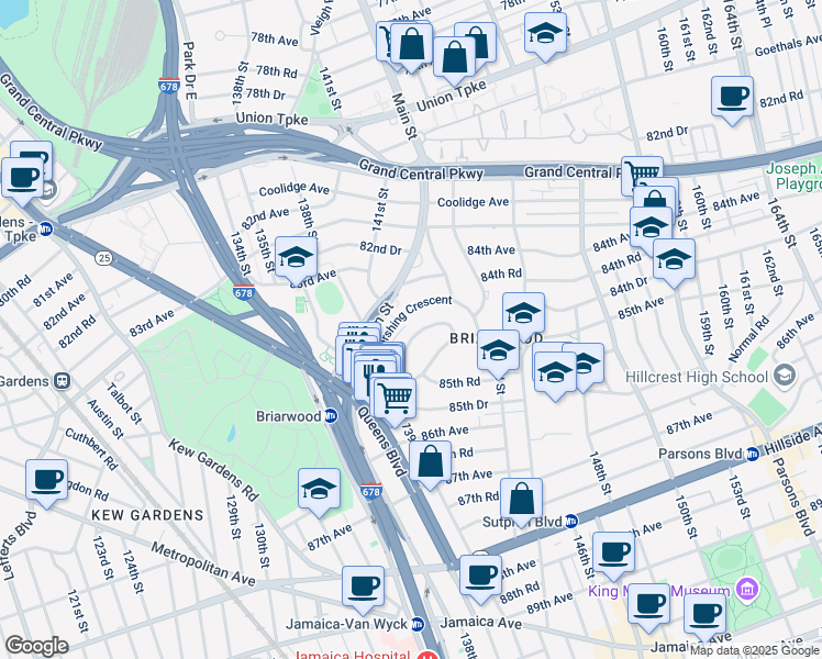 map of restaurants, bars, coffee shops, grocery stores, and more near 140-69 Burden Crescent in Queens