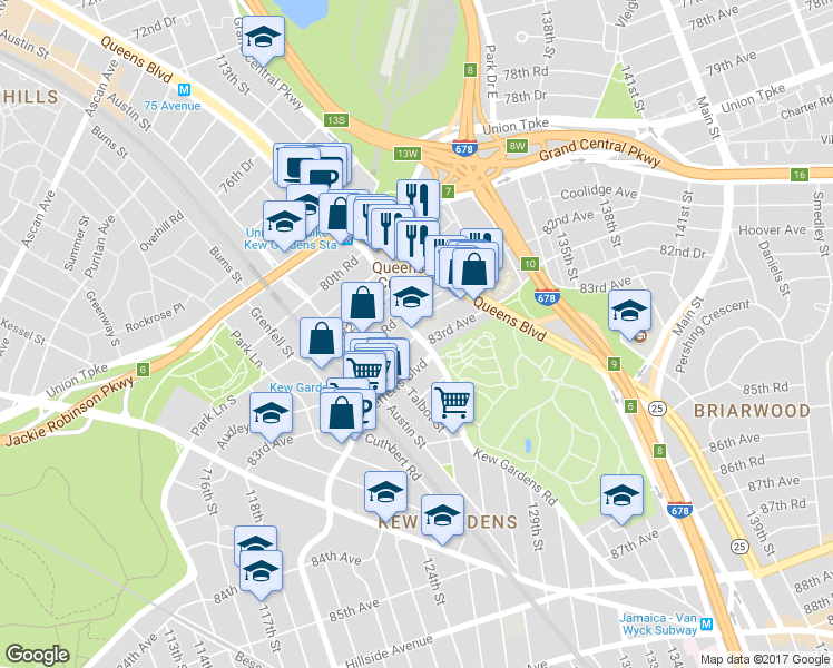 map of restaurants, bars, coffee shops, grocery stores, and more near in Queens