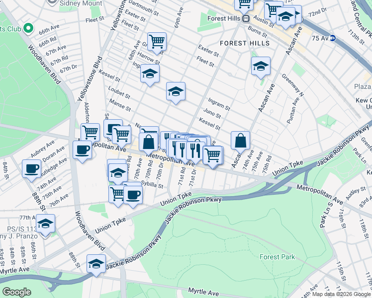 map of restaurants, bars, coffee shops, grocery stores, and more near 71-12 Manse Street in Queens