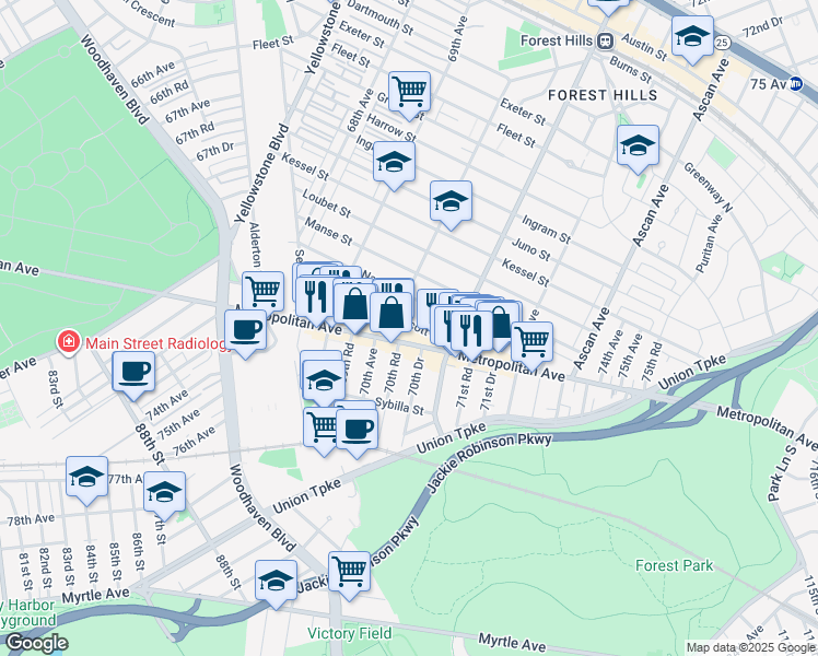 map of restaurants, bars, coffee shops, grocery stores, and more near 91-02 70th Avenue in Queens