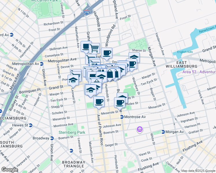 map of restaurants, bars, coffee shops, grocery stores, and more near 770 Grand Street in Brooklyn