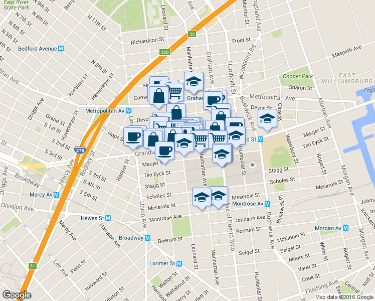map of restaurants, bars, coffee shops, grocery stores, and more near in Brooklyn