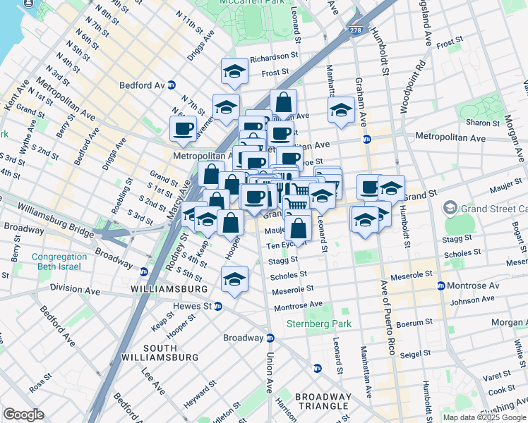 map of restaurants, bars, coffee shops, grocery stores, and more near 30 Powers Street in Brooklyn