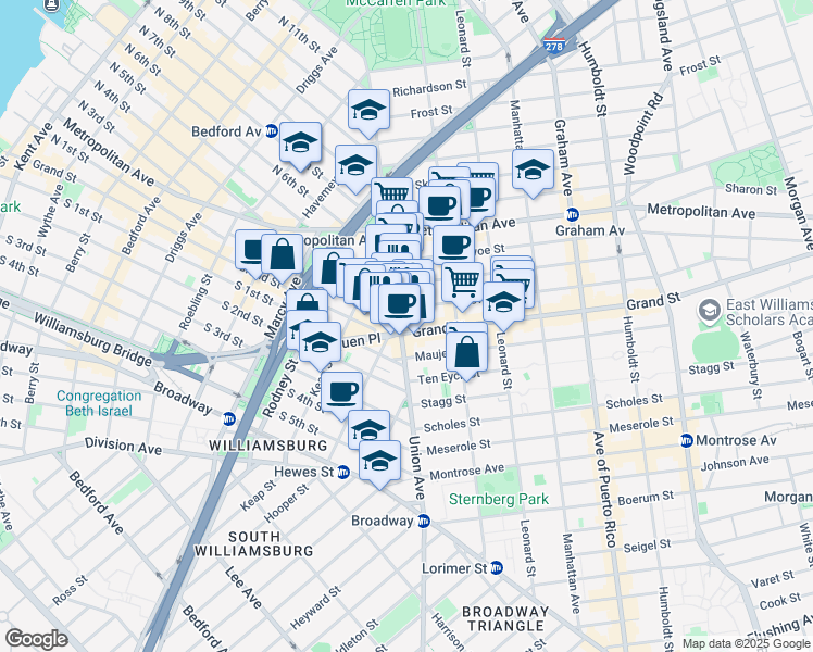 map of restaurants, bars, coffee shops, grocery stores, and more near 184 Hope Street in Brooklyn