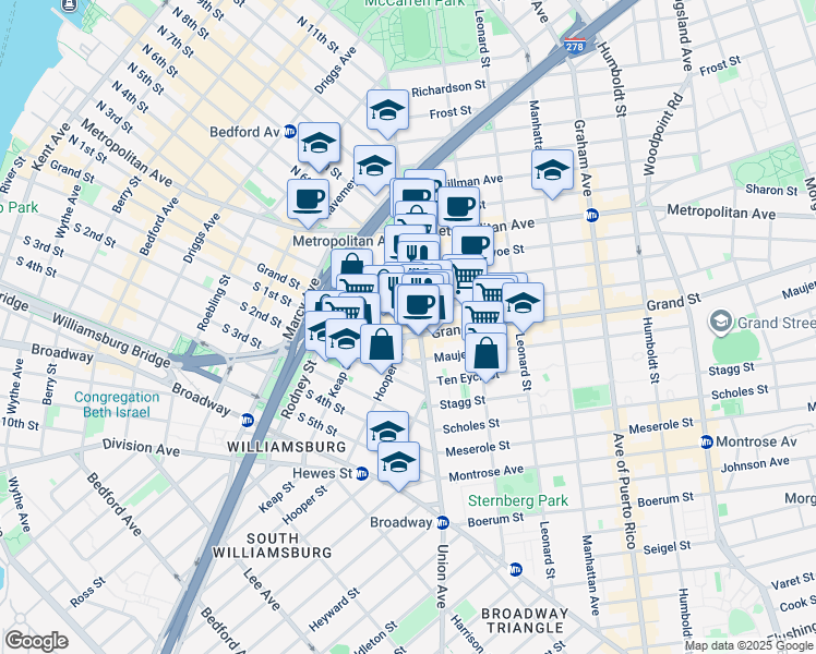 map of restaurants, bars, coffee shops, grocery stores, and more near 184 Hope Street in Brooklyn