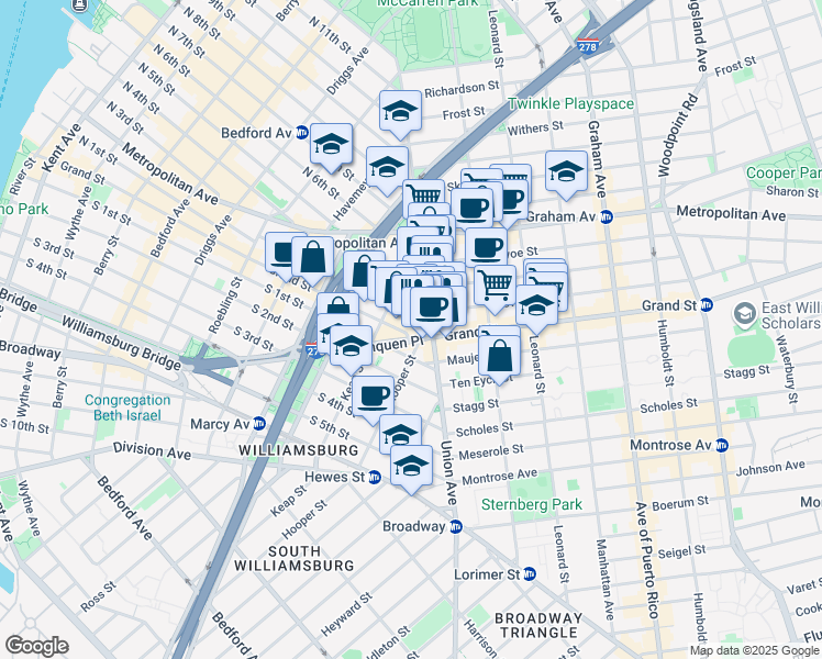 map of restaurants, bars, coffee shops, grocery stores, and more near 184 Hope Street in Brooklyn