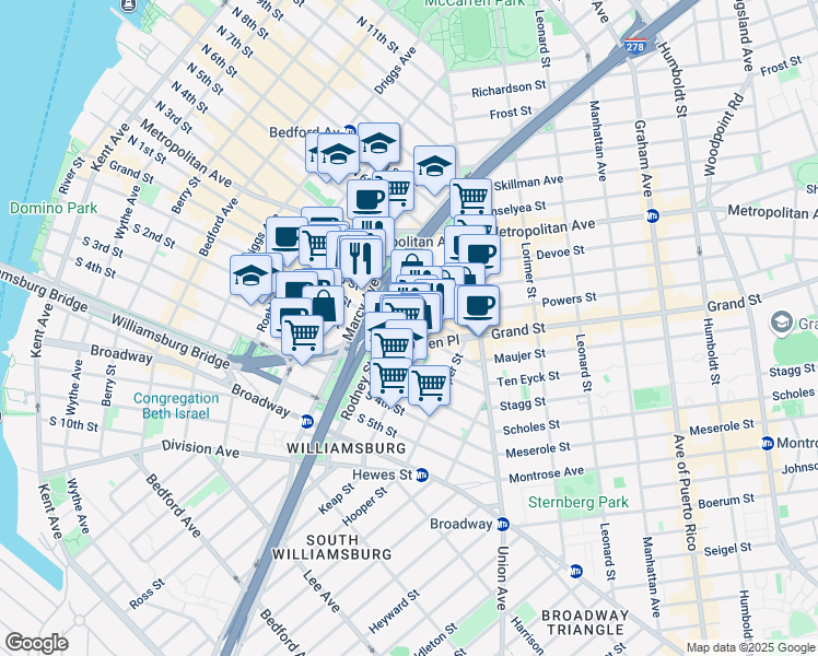 map of restaurants, bars, coffee shops, grocery stores, and more near 404 Rodney Street in Brooklyn