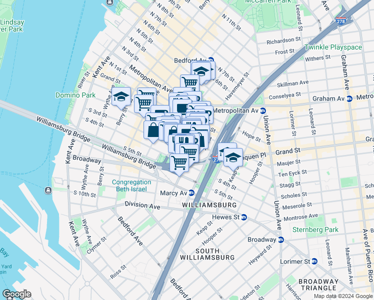 map of restaurants, bars, coffee shops, grocery stores, and more near 209 South 3rd Street in Brooklyn