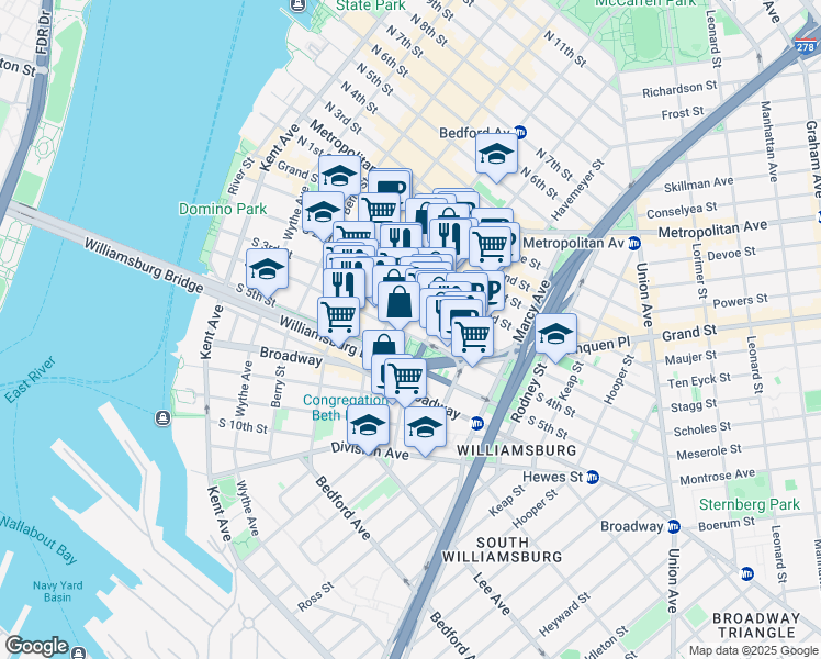 map of restaurants, bars, coffee shops, grocery stores, and more near 186 South 3rd Street in Brooklyn