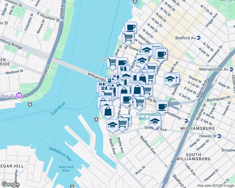 map of restaurants, bars, coffee shops, grocery stores, and more near 375 Kent Avenue in Brooklyn
