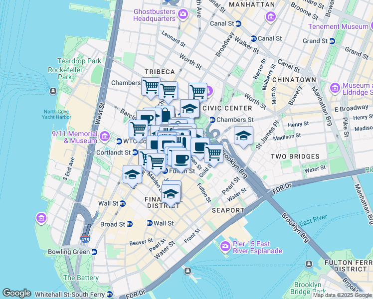 map of restaurants, bars, coffee shops, grocery stores, and more near 1 Beekman Street in New York