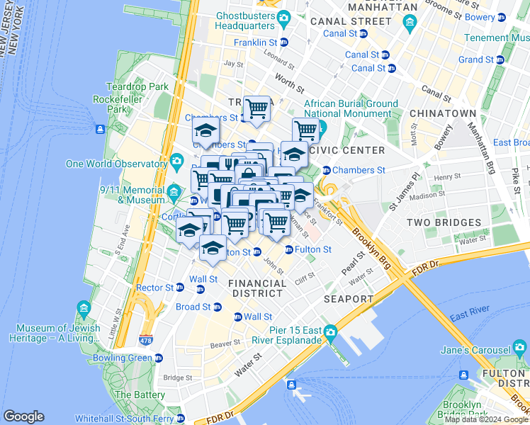map of restaurants, bars, coffee shops, grocery stores, and more near 225 Broadway in New York