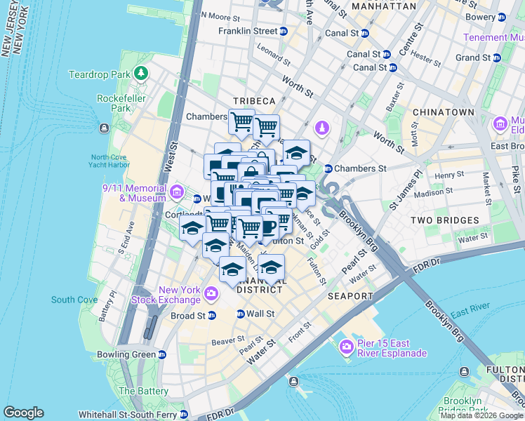 map of restaurants, bars, coffee shops, grocery stores, and more near 225 Broadway in New York