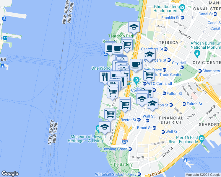 map of restaurants, bars, coffee shops, grocery stores, and more near 375 South End Avenue in New York