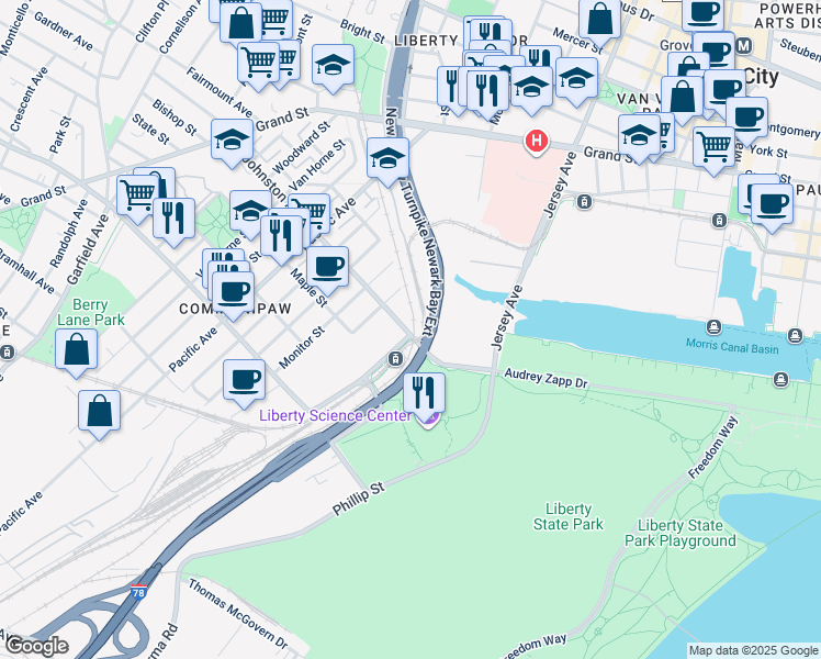 map of restaurants, bars, coffee shops, grocery stores, and more near 258 Johnston Avenue in Jersey City