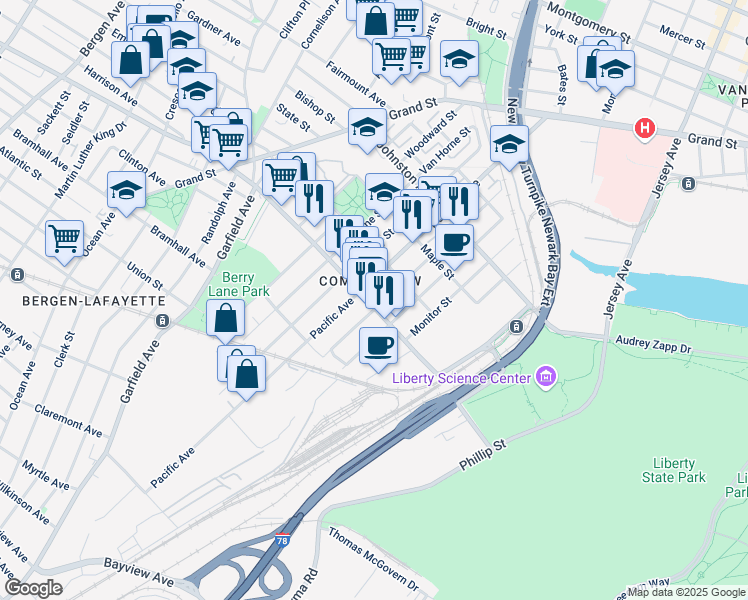map of restaurants, bars, coffee shops, grocery stores, and more near in Jersey City