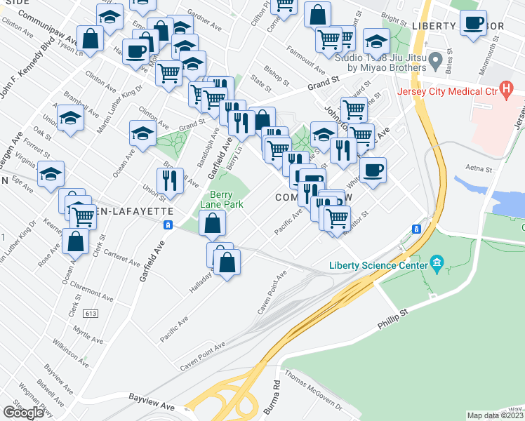 map of restaurants, bars, coffee shops, grocery stores, and more near 163 Van Horne Street in Jersey City