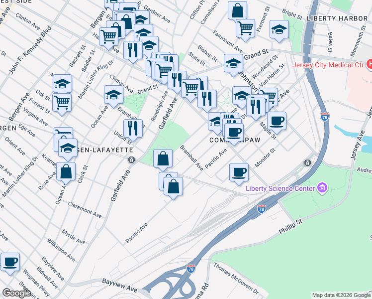 map of restaurants, bars, coffee shops, grocery stores, and more near 110 Woodward Street in Jersey City