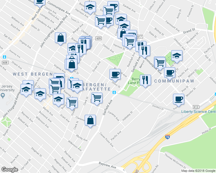 map of restaurants, bars, coffee shops, grocery stores, and more near 23 Union Street in Jersey City