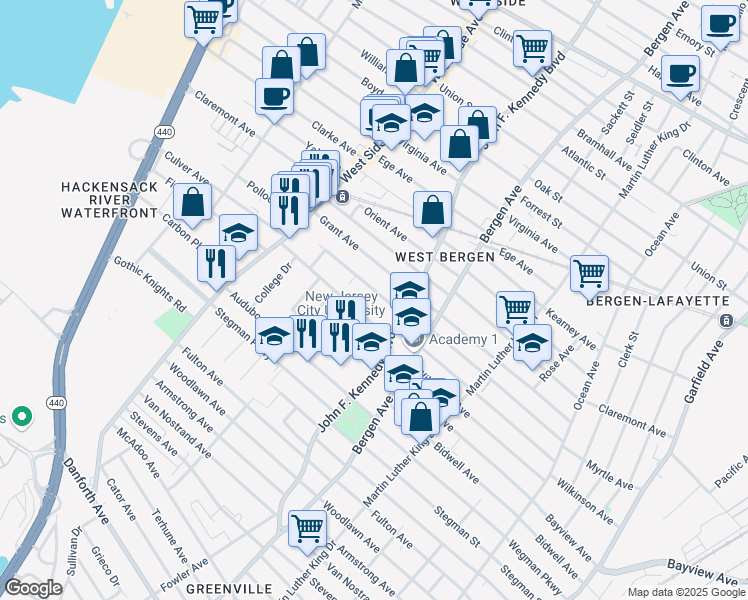 map of restaurants, bars, coffee shops, grocery stores, and more near 25 Broadman Parkway in Jersey City
