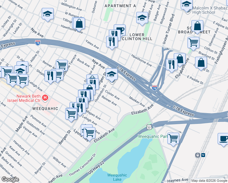 map of restaurants, bars, coffee shops, grocery stores, and more near 465-471 Peshine Avenue in Newark