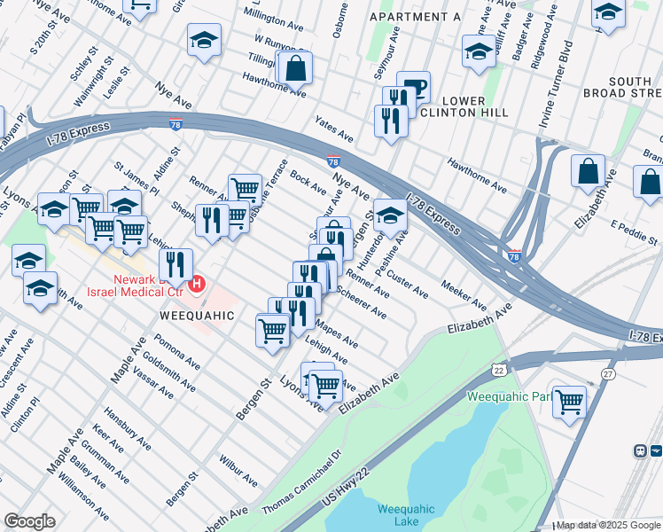 map of restaurants, bars, coffee shops, grocery stores, and more near 166 Renner Avenue in Newark