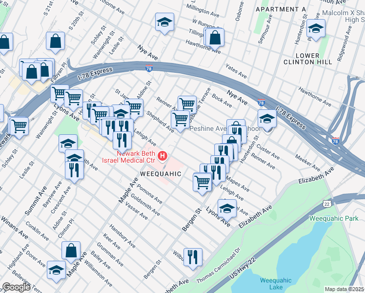 map of restaurants, bars, coffee shops, grocery stores, and more near 176 Huntington Terrace in Newark