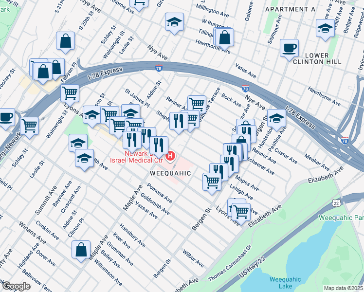map of restaurants, bars, coffee shops, grocery stores, and more near 347 Osborne Terrace in Newark