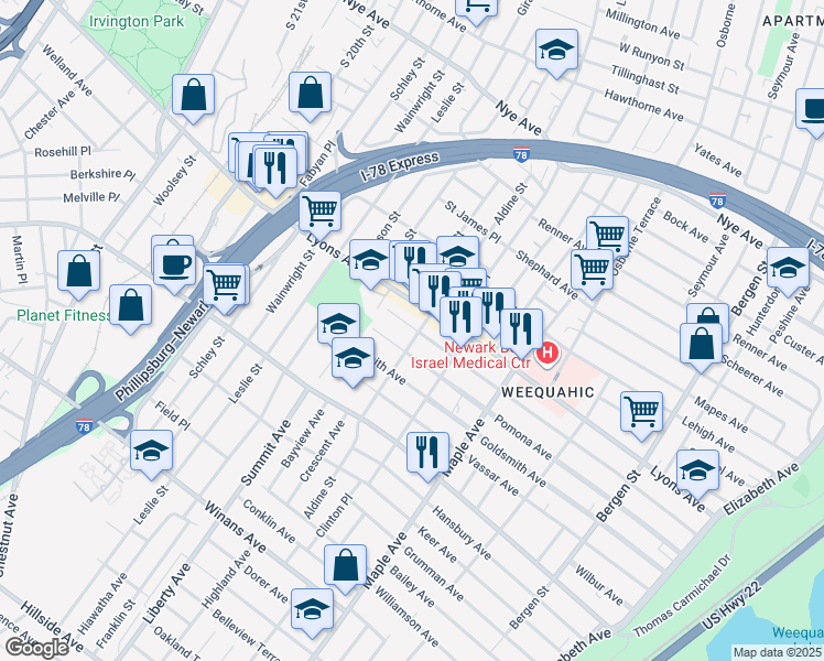 map of restaurants, bars, coffee shops, grocery stores, and more near 300 Weequahic Avenue in Newark