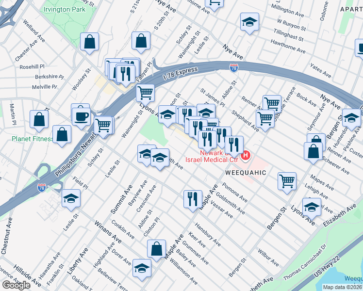 map of restaurants, bars, coffee shops, grocery stores, and more near 300 Weequahic Avenue in Newark