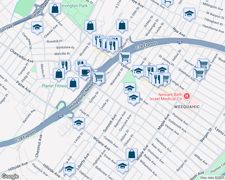 map of restaurants, bars, coffee shops, grocery stores, and more near 375 Leslie Street in Newark