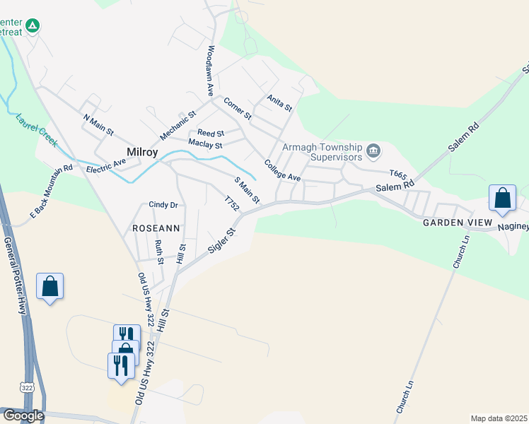 map of restaurants, bars, coffee shops, grocery stores, and more near 326 Sigler Street in Milroy