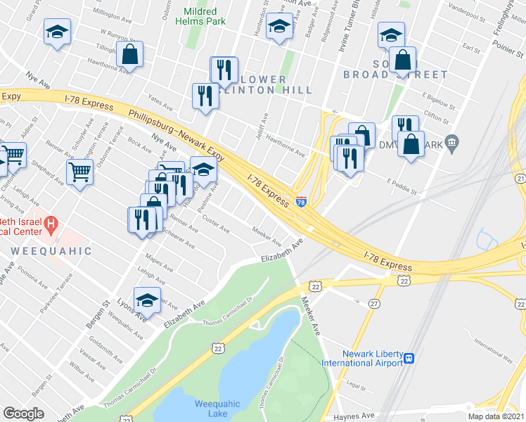 map of restaurants, bars, coffee shops, grocery stores, and more near 62-68 Watson Avenue in Newark