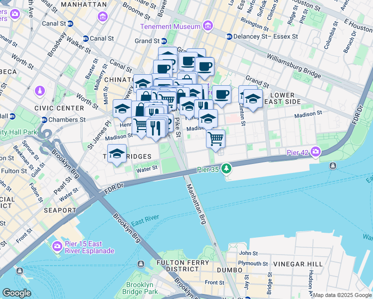 map of restaurants, bars, coffee shops, grocery stores, and more near 65 Pike Street in New York
