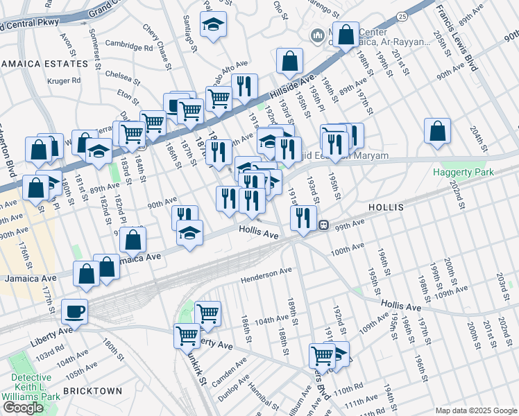 map of restaurants, bars, coffee shops, grocery stores, and more near 188-15 Jamaica Avenue in Queens