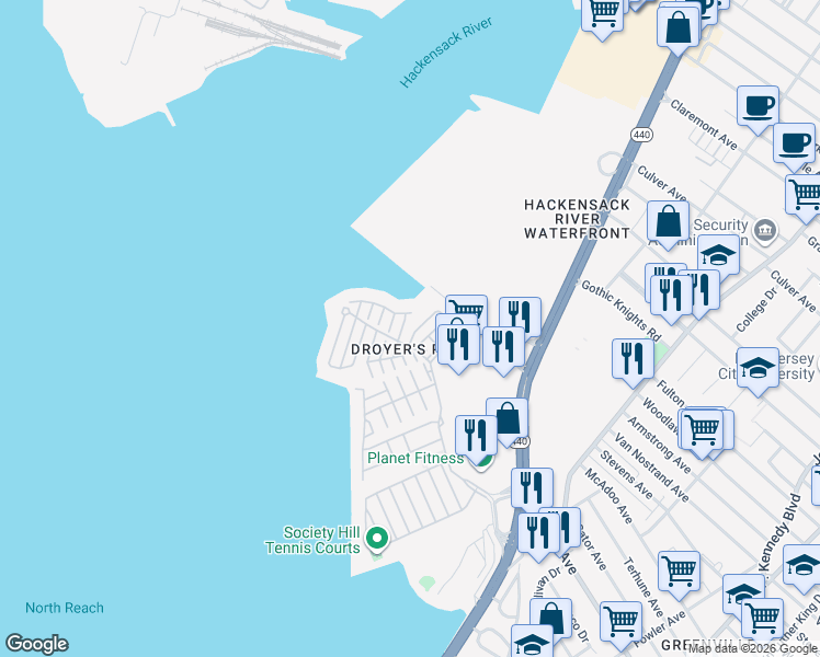 map of restaurants, bars, coffee shops, grocery stores, and more near 1 Alexander Court in Jersey City