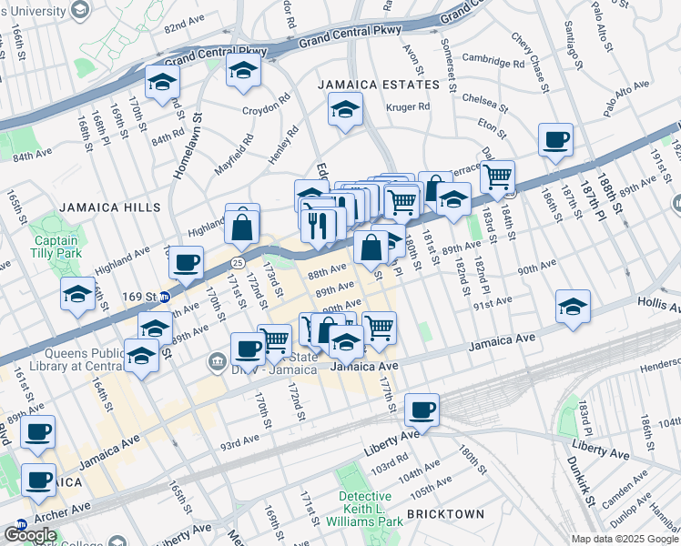 map of restaurants, bars, coffee shops, grocery stores, and more near 175-46 88th Avenue in Queens