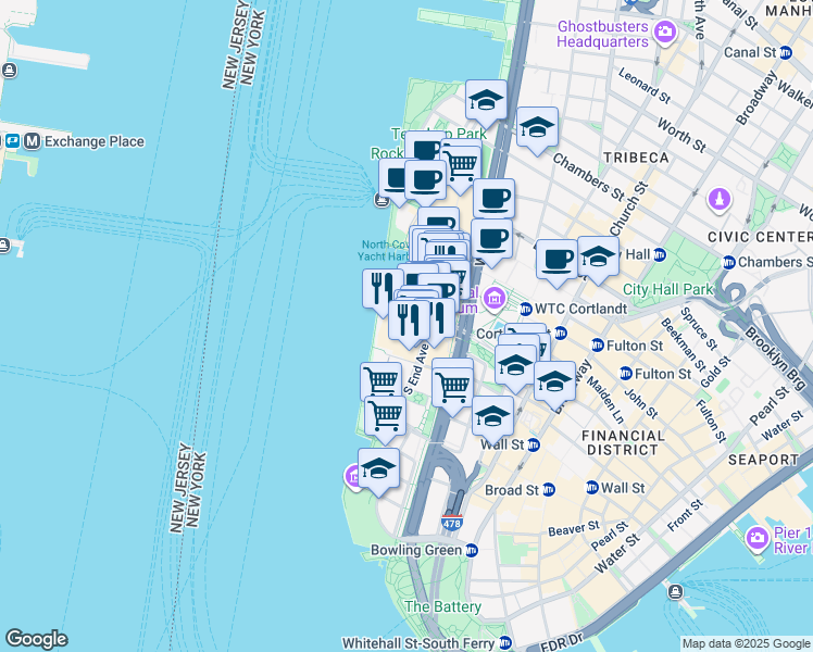 map of restaurants, bars, coffee shops, grocery stores, and more near 375 South End Avenue in New York