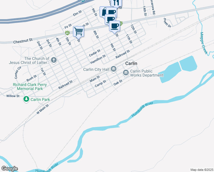 map of restaurants, bars, coffee shops, grocery stores, and more near 619 Camp Street in Carlin
