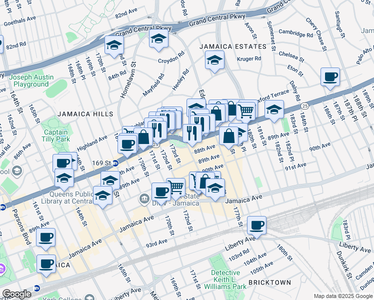 map of restaurants, bars, coffee shops, grocery stores, and more near 8720 175th Street in Queens