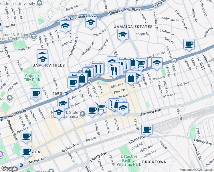map of restaurants, bars, coffee shops, grocery stores, and more near 175-20 Wexford Terrace in Queens