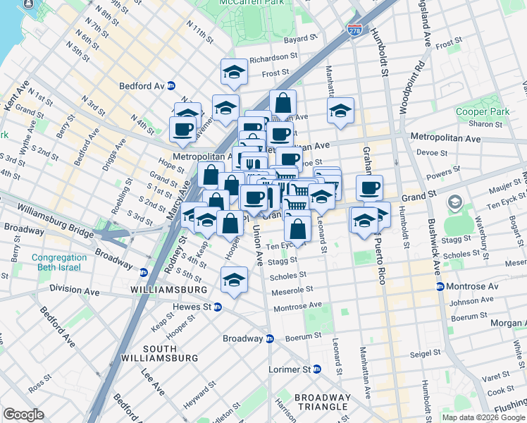 map of restaurants, bars, coffee shops, grocery stores, and more near 30 Powers Street in Brooklyn