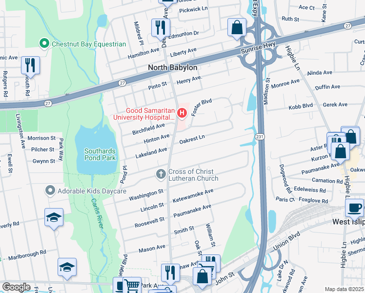 map of restaurants, bars, coffee shops, grocery stores, and more near 643 Deer Park Avenue in Babylon