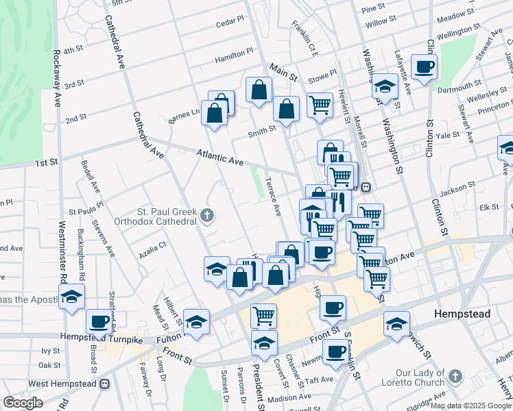 map of restaurants, bars, coffee shops, grocery stores, and more near 10 Bedell Street in Hempstead