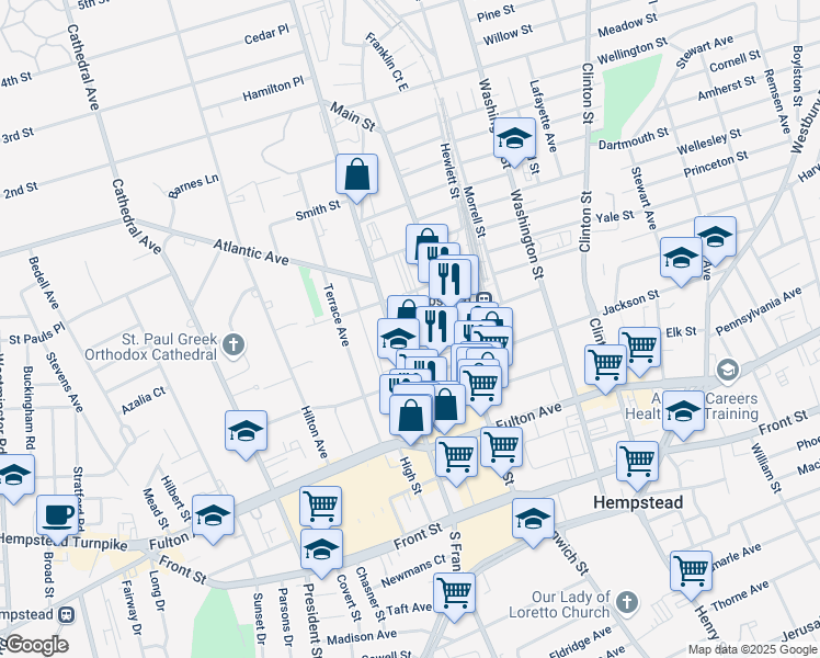 map of restaurants, bars, coffee shops, grocery stores, and more near 19 West Columbia Street in Hempstead